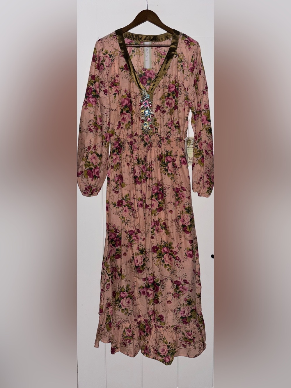 Aratta Silent Journey Floral Pink Rose Maxi Dress Women XL NEW Boho Coquette